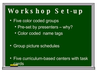 Workshop Set-up Five color coded groups Pre-set by presenters – why? Color coded  name tags Group picture schedules Five curriculum-based centers with task cards  