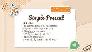 Simple Present
+Sự thật:
- You are so beautiful/ handsome!
Bạn thật xinh đẹp/ đẹp trai!
- She does homework.
Cô ấy làm bài tập về nhà.
- They do homework.
 Các cậu ấy làm bài tập về nhà.
 