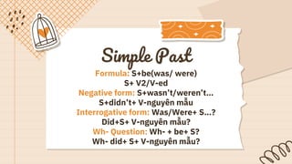 Simple Past
Formula: S+be(was/ were)
S+ V2/V-ed
Negative form: S+wasn’t/weren’t…
S+didn’t+ V-nguyên mẫu
Interrogative form: Was/Were+ S…?
Did+S+ V-nguyên mẫu?
Wh- Question: Wh- + be+ S?
Wh- did+ S+ V-nguyên mẫu?
 