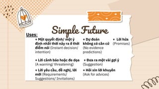 Simple Future
+ Một quyết định/ một ý
định nhất thời nảy ra ở thời
điểm nói (Instant decision/
intention)
+ Dự đoán
không có căn cứ
(No evidence
predictions)
+ Lời hứa
(Promises)
+ Lời cảnh báo hoặc đe dọa
(A warning/ threatening)
+ Đưa ra một vài gợi ý
(Suggestion)
+ Lời yêu cầu, đề nghị, lời
mời (Requirements/
Suggestions/ Invitations)
+ Hỏi xin lời khuyên
(Ask for advices)
Uses:
 