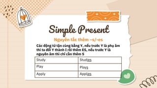Simple Present
Nguyên tắc thêm –s/-es
Các động từ tận cùng bằng Y, nếu trước Y là phụ âm
thì ta đổi Y thành I rồi thêm ES, nếu trước Y là
nguyên âm thì chỉ cần thêm S
Study Studies
Play Plays
Apply Applies
 