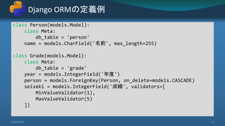 class Person(models.Model):
class Meta:
db_table = 'person'
name = models.CharField('名前', max_length=255)
class Grade(models.Model):
class Meta:
db_table = 'grade'
year = models.IntegerField('年度')
person = models.ForeignKey(Person, on_delete=models.CASCADE)
seiseki = models.IntegerField('成績', validators=[
MinValueValidator(1),
MaxValueValidator(5)
])
Django ORMの定義例
2020/8/28 12
 