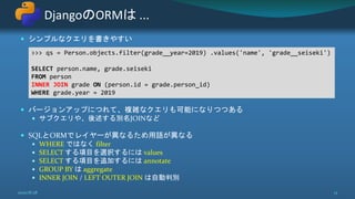  シンプルなクエリを書きやすい
 バージョンアップにつれて、複雑なクエリも可能になりつつある
 サブクエリや、後述する別名JOINなど
 SQLとORMでレイヤーが異なるため用語が異なる
 WHERE ではなく filter
 SELECT する項目を選択するには values
 SELECT する項目を追加するには annotate
 GROUP BY は aggregate
 INNER JOIN / LEFT OUTER JOIN は自動判別
DjangoのORMは ...
2020/8/28 13
>>> qs = Person.objects.filter(grade__year=2019) .values('name', 'grade__seiseki')
SELECT person.name, grade.seiseki
FROM person
INNER JOIN grade ON (person.id = grade.person_id)
WHERE grade.year = 2019
 