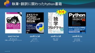 執筆・翻訳に関わったPython書籍
2020/8/28 3
2018/2/282018/2/26
翻訳・監訳
補章執筆
進行管理
6章: デプロイ
9章: ドキュメント
2018/6/12
3章: package
9章: package
（7章）ドキュメント
2017/10/20
1章: Sphinxとは
付録A: reStructuredTextリファレン
ス
第17刷
 