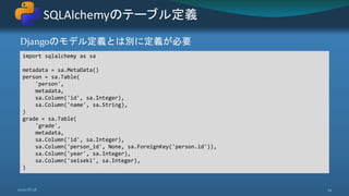 Djangoのモデル定義とは別に定義が必要
SQLAlchemyのテーブル定義
2020/8/28 34
import sqlalchemy as sa
metadata = sa.MetaData()
person = sa.Table(
'person',
metadata,
sa.Column('id', sa.Integer),
sa.Column('name', sa.String),
)
grade = sa.Table(
'grade',
metadata,
sa.Column('id', sa.Integer),
sa.Column('person_id', None, sa.ForeignKey('person.id')),
sa.Column('year', sa.Integer),
sa.Column('seiseki', sa.Integer),
)
 