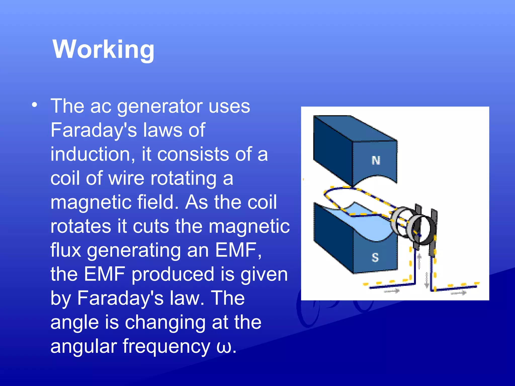 Working
• The ac generator uses
Faraday's laws of
induction, it consists of a
coil of wire rotating a
magnetic field. As the coil
rotates it cuts the magnetic
flux generating an EMF,
the EMF produced is given
by Faraday's law. The
angle is changing at the
angular frequency ω.
 