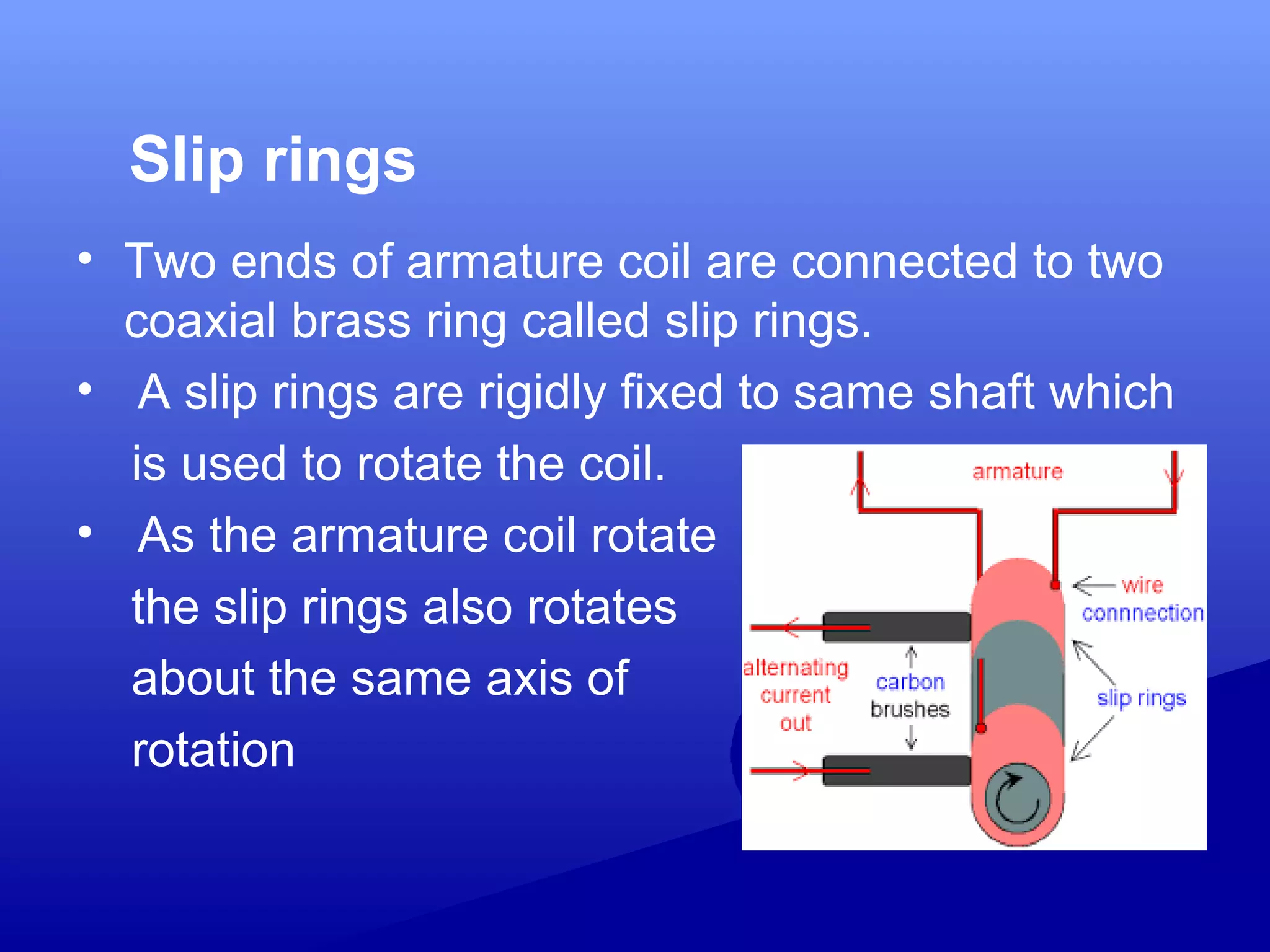 Slip rings
• Two ends of armature coil are connected to two
coaxial brass ring called slip rings.
• A slip rings are rigidly fixed to same shaft which
is used to rotate the coil.
• As the armature coil rotate
the slip rings also rotates
about the same axis of
rotation
 