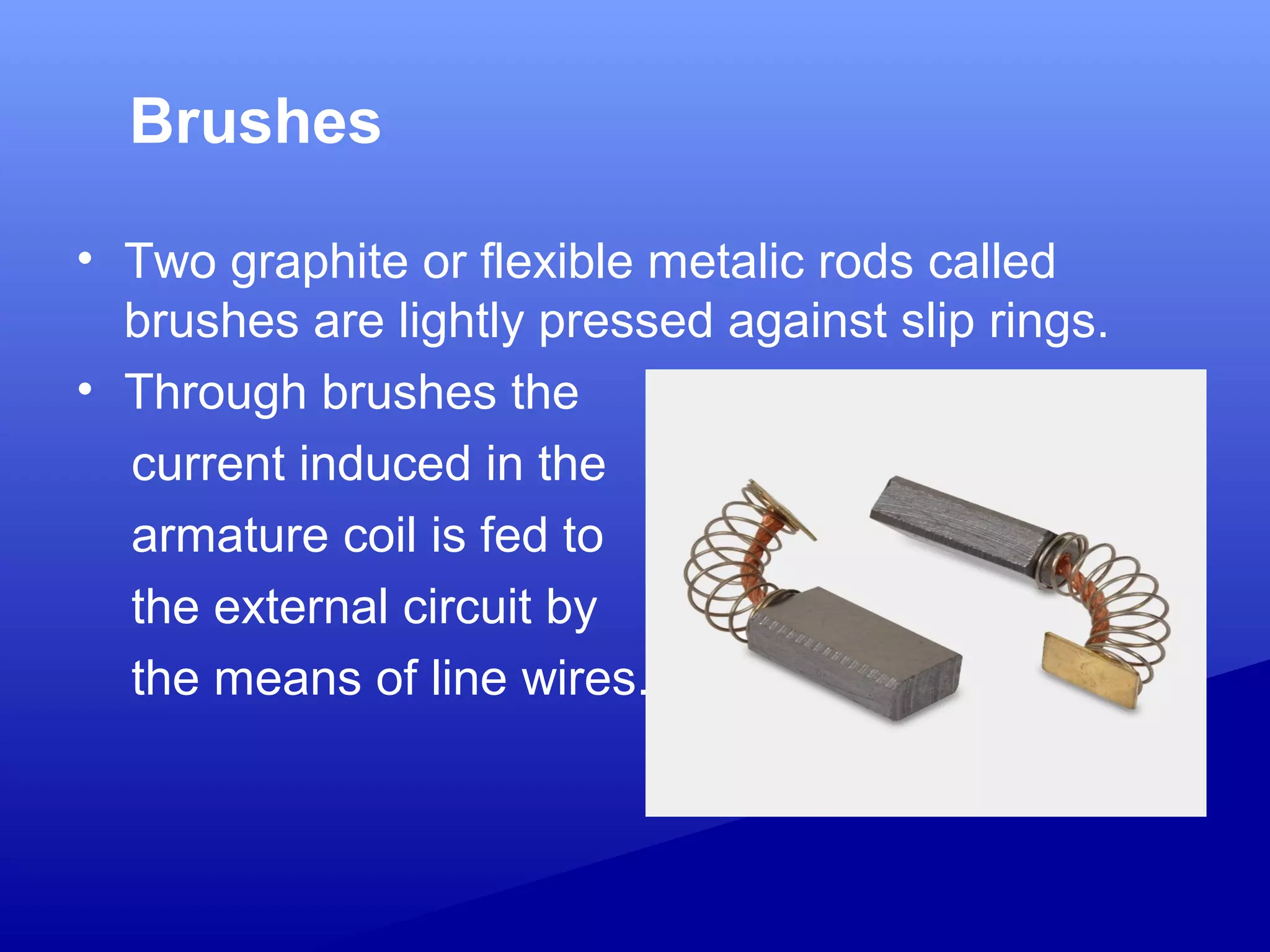 Brushes
• Two graphite or flexible metalic rods called
brushes are lightly pressed against slip rings.
• Through brushes the
current induced in the
armature coil is fed to
the external circuit by
the means of line wires.
 