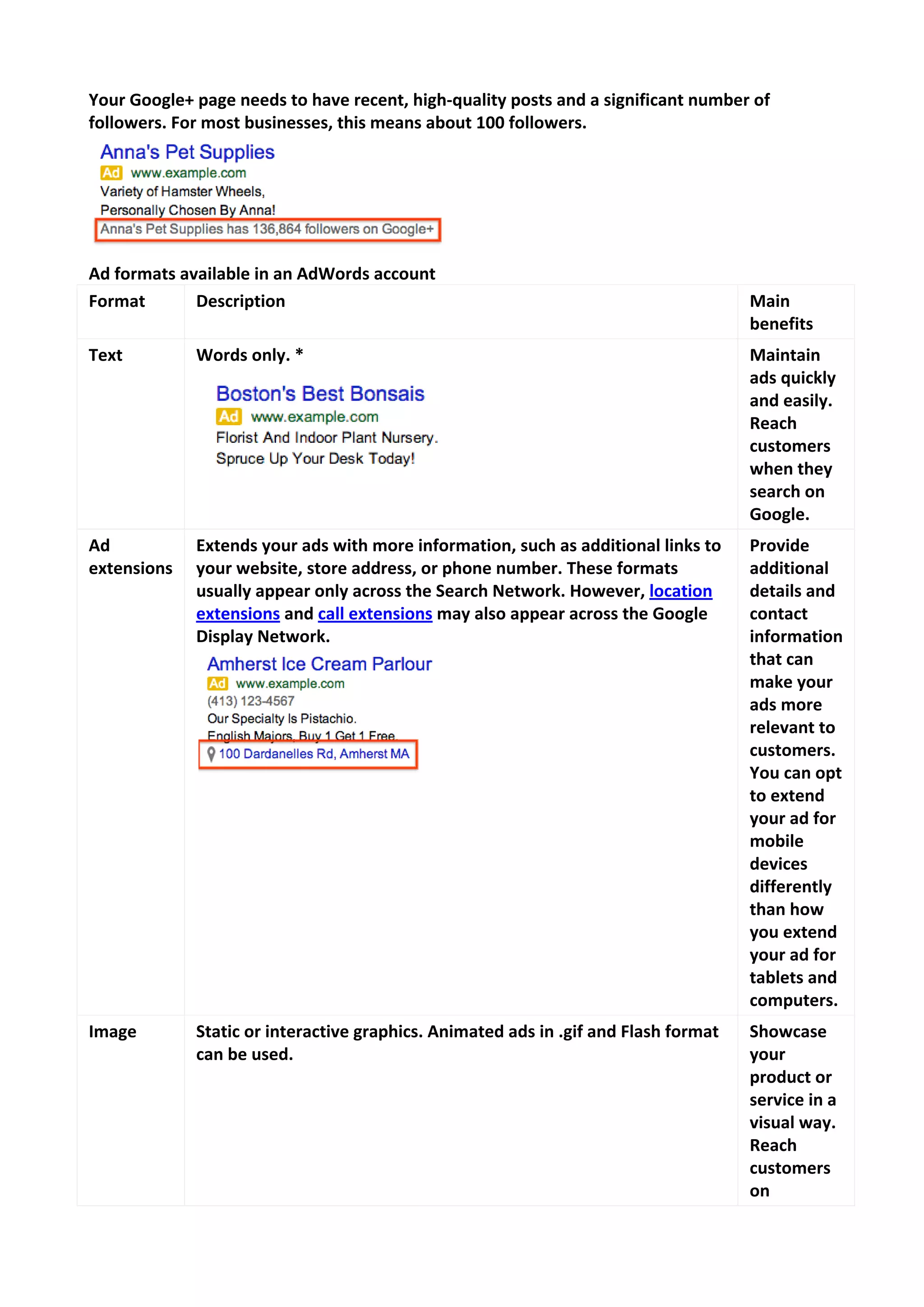 Your Google+ page needs to have recent, high-quality posts and a significant number of followers. For most businesses, this means about 100 followers. 
Ad formats available in an AdWords account 
Format 
Description 
Main benefits 
Text 
Words only. * 
Maintain ads quickly and easily. Reach customers when they search on Google. 
Ad extensions 
Extends your ads with more information, such as additional links to your website, store address, or phone number. These formats usually appear only across the Search Network. However, location extensions and call extensions may also appear across the Google Display Network. 
Provide additional details and contact information that can make your ads more relevant to customers. You can opt to extend your ad for mobile devices differently than how you extend your ad for tablets and computers. 
Image 
Static or interactive graphics. Animated ads in .gif and Flash format can be used. 
Showcase your product or service in a visual way. Reach customers on  