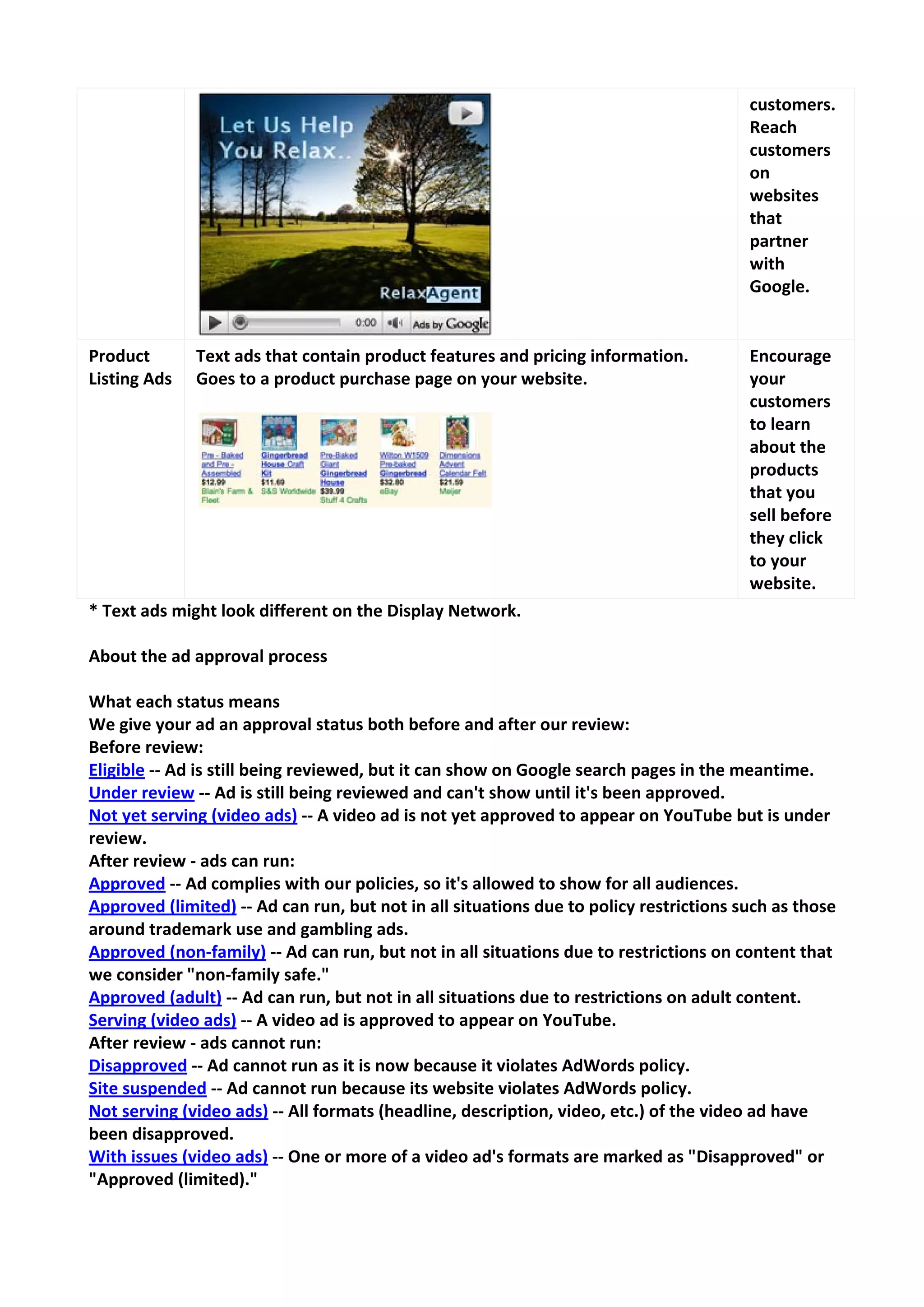 customers. Reach customers on websites that partner with Google. 
Product Listing Ads 
Text ads that contain product features and pricing information. Goes to a product purchase page on your website. 
Encourage your customers to learn about the products that you sell before they click to your website. 
* Text ads might look different on the Display Network. 
About the ad approval process 
What each status means 
We give your ad an approval status both before and after our review: 
Before review: 
Eligible -- Ad is still being reviewed, but it can show on Google search pages in the meantime. 
Under review -- Ad is still being reviewed and can't show until it's been approved. 
Not yet serving (video ads) -- A video ad is not yet approved to appear on YouTube but is under review. 
After review - ads can run: 
Approved -- Ad complies with our policies, so it's allowed to show for all audiences. 
Approved (limited) -- Ad can run, but not in all situations due to policy restrictions such as those around trademark use and gambling ads. 
Approved (non-family) -- Ad can run, but not in all situations due to restrictions on content that we consider "non-family safe." 
Approved (adult) -- Ad can run, but not in all situations due to restrictions on adult content. 
Serving (video ads) -- A video ad is approved to appear on YouTube. 
After review - ads cannot run: 
Disapproved -- Ad cannot run as it is now because it violates AdWords policy. 
Site suspended -- Ad cannot run because its website violates AdWords policy. 
Not serving (video ads) -- All formats (headline, description, video, etc.) of the video ad have been disapproved. 
With issues (video ads) -- One or more of a video ad's formats are marked as "Disapproved" or "Approved (limited)." 
 