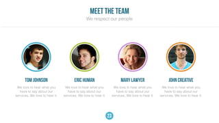 We love to hear what you
have to say about our
services, We love to hear it.
TOM JOHNSON ERIC HUMAN
We love to hear what you
have to say about our
services, We love to hear it.
MARY LAWYER
We love to hear what you
have to say about our
services, We love to hear it.
JOHN CREATIVE
We love to hear what you
have to say about our
services, We love to hear it.
Meet the team
We respect our people
23
 