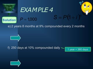 EXAMPLE 4
Solution P  1,000
e) 2 years 8 months at 9% compounded every 2 months
f) 250 days at 10% compounded daily 1 year = 360 days
S  P1 in
 