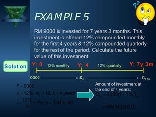 EXAMPLE 5
RM 9000 is invested for 7 years 3 months. This
investment is offered 12% compounded monthly
for the first 4 years & 12% compounded quarterly
for the rest of the period. Calculate the future
value of this investment.
Solution Y: 0 Y: 7y 3m
S7 1/4
12% monthly Y: 4 12% quarterly
12
12%
 1%; n  124 48
i 
9000 S4
P  9000
r1  12%; m1  12; t1  4 years
Amount of investment at
the end of 4 years:
S4  900011%48
 RM14,510.03
 