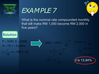 EXAMPLE 7
What is the nominal rate compounded monthly
that will make RM 1,000 become RM 2,000 in
five years?
Solution
12
; n  125 60
r
i 
P  1,000; S  2,000;
m  12; t  5 years;
12
260  1

12 
r
r 
60

2  1

1
r 
60
 

2,000  1,0001 
12 12
 0.0116
12
r
1.0116  1
r
r  0.1394
r is 13.94%
 