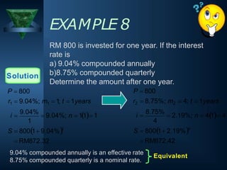 EXAMPLE 8
1
S  8001 9.04%1
 RM872.32
Solution
P  800
9.04% compounded annually is an effective rate
8.75% compounded quarterly is a nominal rate.
4
S  8001 2.19%4
 RM872.42
i 
9.04%
 9.04%; n  11 1 i 
8.75%
 2.19%; n  41 4
r1  9.04%; m1  1
; t  1years r2  8.75%; m2  4; t  1years
RM 800 is invested for one year. If the interest
rate is
a) 9.04% compounded annually
b)8.75% compounded quarterly
Determine the amount after one year.
P  800
Equivalent
 