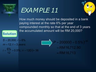 EXAMPLE 11
How much money should be deposited in a bank
paying interest at the rate 6% per year
compounded monthly so that at the end of 3 years
the accumulated amount will be RM 20,000?
Solution
12
i 
6%
 0.5%; n  123 36
S  20,000; r  6%
m  12; t  3 years;
P  200001 0.5%36
 RM16,712.90
 RM16,713
 