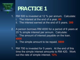 1. RM 500 is invested at 12 % per annum. Calculate:
i. The interest at the end of a year. 60
ii. The interest earned at the end of 5 years. 300
2. A person borrows RM 4000 for a period of 6 years at
20 % simple interest per annum. Calculate:
i. The amount of interest payable on the loan.
4800
ii. The simple amount to be repaid. 8800
1. RM 700 is invested for 5 years. At the end of this
time the simple interest amounts to RM 420. Work
out the rate of simple interest. 12%
PRACTICE1
 