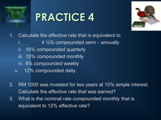 1. Calculate the effective rate that is equivalent to
i. 4 ½% compounded semi – annually
ii. 16% compounded quarterly
iii. 15% compounded monthly
iv. 8% compounded weekly
v. 12% compounded daily.
2. RM 1000 was invested for two years at 10% simple interest.
Calculate the effective rate that was earned?
3. What is the nominal rate compounded monthly that is
equivalent to 12% effective rate?
PRACTICE 4
PRACTICE 4
 