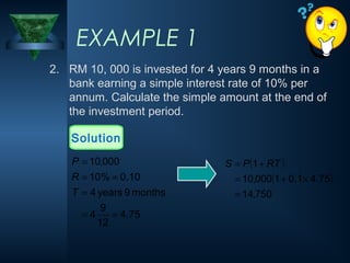 2. RM 10, 000 is invested for 4 years 9 months in a
bank earning a simple interest rate of 10% per
annum. Calculate the simple amount at the end of
the investment period.
EXAMPLE 1
Solution
( )
( )
750
,
14
75
.
4
1
.
0
1
000
,
10
1
=
×
+
=
+
= RT
P
S
75
.
4
12
9
4
months
9
years
4
10
.
0
%
10
000
,
10
=
=
=
=
=
=
T
R
P
 