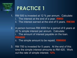 1. RM 500 is invested at 12 % per annum. Calculate:
i. The interest at the end of a year. RM60
ii. The interest earned at the end of 5 years. RM300
2. A person borrows RM 4000 for a period of 6 years at
20 % simple interest per annum. Calculate:
i. The amount of interest payable on the loan.
RM4800
ii. The simple amount to be repaid. RM8800
3. RM 700 is invested for 5 years. At the end of this
time the simple interest amounts to RM 420. Work
out the rate of simple interest. 12%
PRACTICE 1
PRACTICE 1
 