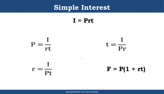 Simple Interest
I = Prt
DEPARTMENT OF EDUCATION
.
F = P(1 + rt)
 