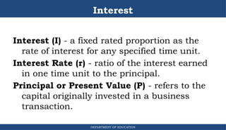 Interest
Interest (I) - a fixed rated proportion as the
rate of interest for any specified time unit.
Interest Rate (r) - ratio of the interest earned
in one time unit to the principal.
Principal or Present Value (P) - refers to the
capital originally invested in a business
transaction.
DEPARTMENT OF EDUCATION
.
 