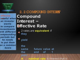 Effective
rate
s useful when
an investor
wants
to compare
investments
with different
compounding
periods but
he needs
to put them
on a common
basis
2. 2 COMPOUND INTER
E
S
T
Compound
Interest –
Effective Rate
2 rates are equivalent if
they
yield
the
same future value at
the end of 1
year.
A nominal rate is interest that is
 