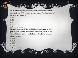 13.In a factory the production of cement rose 4840
tonnes from 4000 tonnes in two years. Find the rate of
growth per annum.
a. 10
b. 12
c. 8
d. 9
e. None of these
14.Amit borrowed Rs. 20,000 from his friend at 15%
per annum simple interest he lent it to Tarun at the
same but rate compounded annually. Find his gain
after 2 years.
a. 324
b. 604
c. 450
d. 572
e. None of these
 