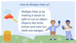 Wedges help us by
making it easier to
split or cut an object.
Objects like forks,
knives and even our
teeth are wedges.
How do Wedges help us?
 