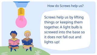How do Screws help us?
Screws help us by lifting
things or keeping them
together. A light bulb is
screwed into the base so
it does not fall out and
lights up!
 