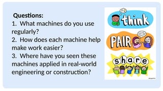 Questions:
1. What machines do you use
regularly?
2. How does each machine help
make work easier?
3. Where have you seen these
machines applied in real-world
engineering or construction?
 