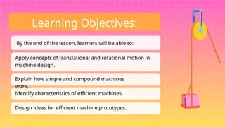 Learning Objectives:
By the end of the lesson, learners will be able to:
Apply concepts of translational and rotational motion in
machine design.
Explain how simple and compound machines
work.
Identify characteristics of efficient machines.
Design ideas for efficient machine prototypes.
 