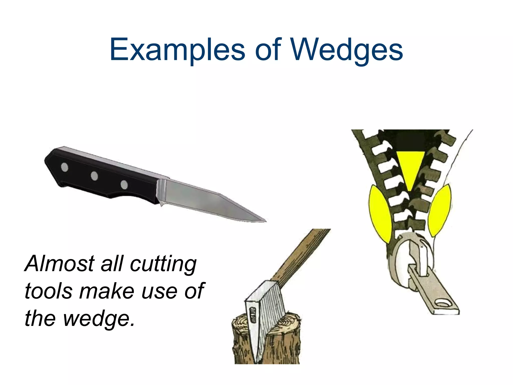 Examples of Wedges

Almost all cutting
tools make use of
the wedge.

 