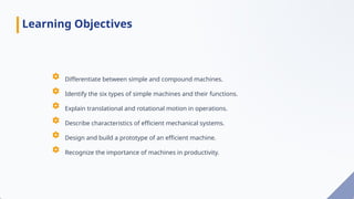 Differentiate between simple and compound machines.
Identify the six types of simple machines and their functions.
Explain translational and rotational motion in operations.
Describe characteristics of efficient mechanical systems.
Design and build a prototype of an efficient machine.
Recognize the importance of machines in productivity.
Learning Objectives
 