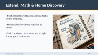 Extend: Math & Home Discovery
- Math Integration: How do angles affect a
lever's efficiency?
- Homework: Sketch one machine at
home.
- Task: Label parts that move in a straight
line vs. parts that rotate.
Simple and Compound Machine Slide 14
 