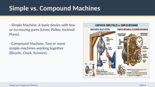 Simple vs. Compound Machines
- Simple Machine: A basic device with few
or no moving parts (Lever, Pulley, Inclined
Plane).
- Compound Machine: Two or more
simple machines working together
(Bicycle, Clock, Scissors).
Simple and Compound Machine Slide 8
 
