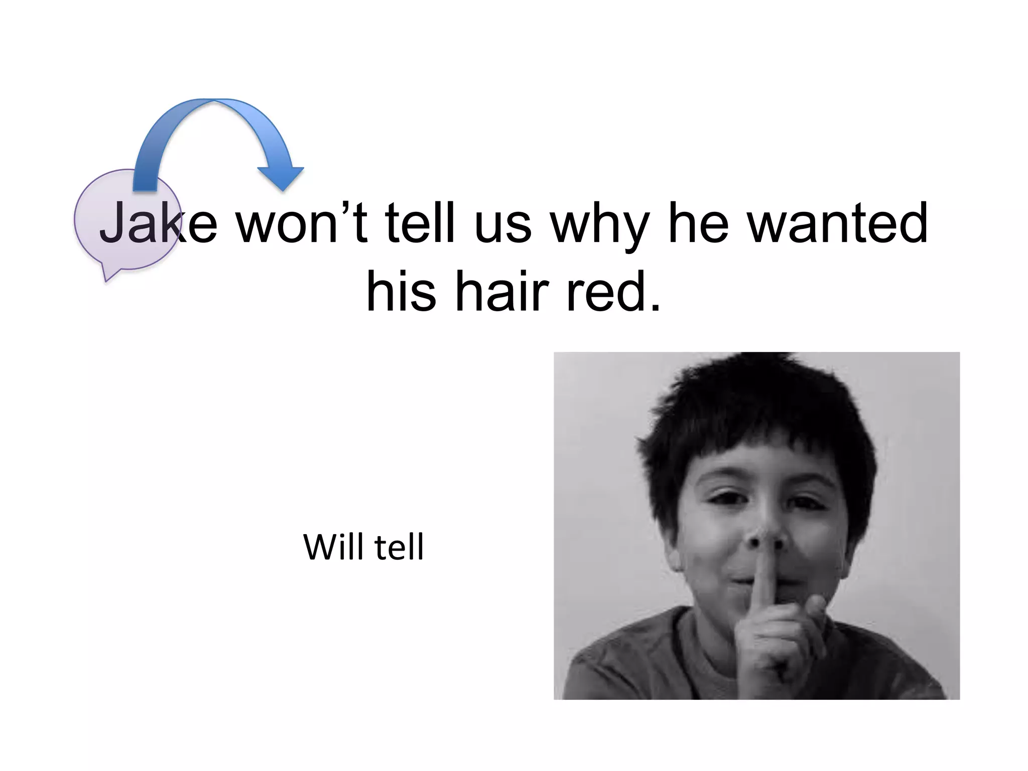 Jake won’t tell us why he wanted
          his hair red.



       Will tell
 