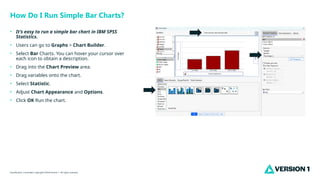 Classification: Controlled. Copyright ©2024 Version 1. All rights reserved.
How Do I Run Simple Bar Charts?
• It’s easy to run a simple bar chart in IBM SPSS
Statistics.
• Users can go to Graphs > Chart Builder.
• Select Bar Charts. You can hover your cursor over
each icon to obtain a description.
• Drag into the Chart Preview area.
• Drag variables onto the chart.
• Select Statistic.
• Adjust Chart Appearance and Options.
• Click OK Run the chart.
 