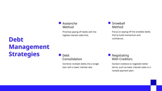 Debt
Management
Strategies
Avalanche
Method
Prioritize paying off debts with the
highest interest rates first.
Snowball
Method
Focus on paying off the smallest debts
first to build momentum and
confidence.
Debt
Consolidation
Combine multiple debts into a single
loan with a lower interest rate.
Negotiating
With Creditors
Contact creditors to negotiate better
terms, such as lower interest rates or a
revised payment plan.
 