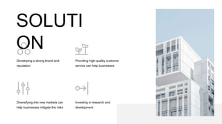SOLUTI
ON
Developing a strong brand and
reputation
Diversifying into new markets can
help businesses mitigate the risks
In...