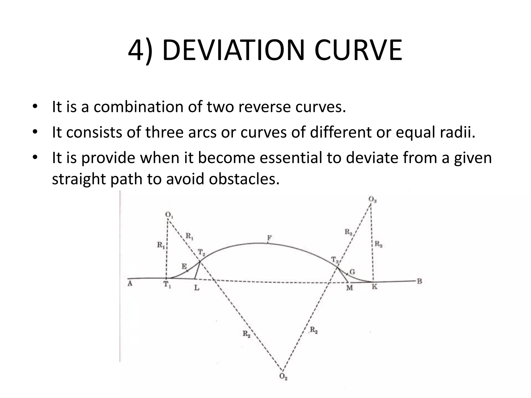 4) DEVIATION CURVE
• It is a combination of two reverse curves.
• It consists of three arcs or curves of different or equal radii.
• It is provide when it become essential to deviate from a given
straight path to avoid obstacles.