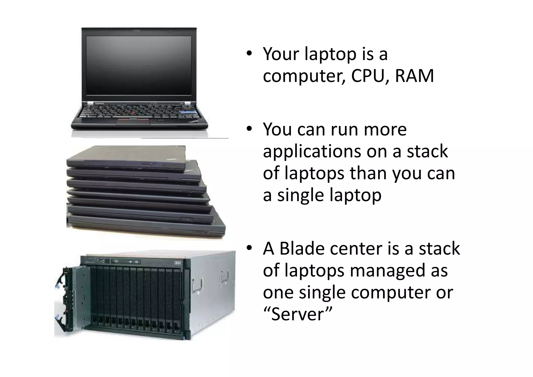 • Your laptop is a
computer, CPU, RAM
• You can run more
applications on a stack
of laptops than you can
a single laptop
• A Blade center is a stack
of laptops managed as
one single computer or
“Server”
 