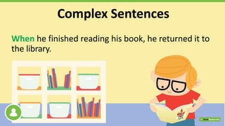 When he finished reading his book, he returned it to
the library.
Complex Sentences
 
