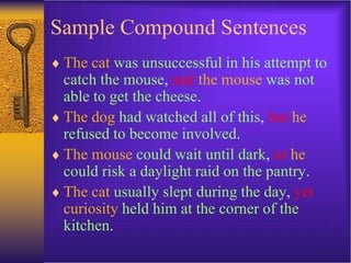 Sample Compound Sentences
 The cat was unsuccessful in his attempt to
catch the mouse, and the mouse was not
able to get the cheese.
 The dog had watched all of this, but he
refused to become involved.
 The mouse could wait until dark, or he
could risk a daylight raid on the pantry.
 The cat usually slept during the day, yet
curiosity held him at the corner of the
kitchen.
 