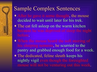 Sample Complex Sentences After he gave it some thought ,  the mouse   decided to wait until later for his trek . The cat   fell asleep on the warm kitchen   because he was deprived of sleep the night before . When the mouse heard the soft snoring of his sleeping nemesis ,  he   scurried to the pantry and grabbed enough food for a week . The dedicated, feline sleuth   keeps his nightly vigil   even though the foresighted mouse will not be venturing out this week . 