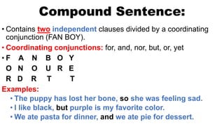 Compound Sentence:
• Contains two independent clauses divided by a coordinating
conjunction (FAN BOY).
• Coordinating conjunctions: for, and, nor, but, or, yet
• F A N B O Y
O N O U R E
R D R T T
Examples:
• The puppy has lost her bone, so she was feeling sad.
• I like black, but purple is my favorite color.
• We ate pasta for dinner, and we ate pie for dessert.
 