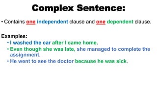 Complex Sentence:
• Contains one independent clause and one dependent clause.
Examples:
• I washed the car after I came home.
• Even though she was late, she managed to complete the
assignment.
• He went to see the doctor because he was sick.
 