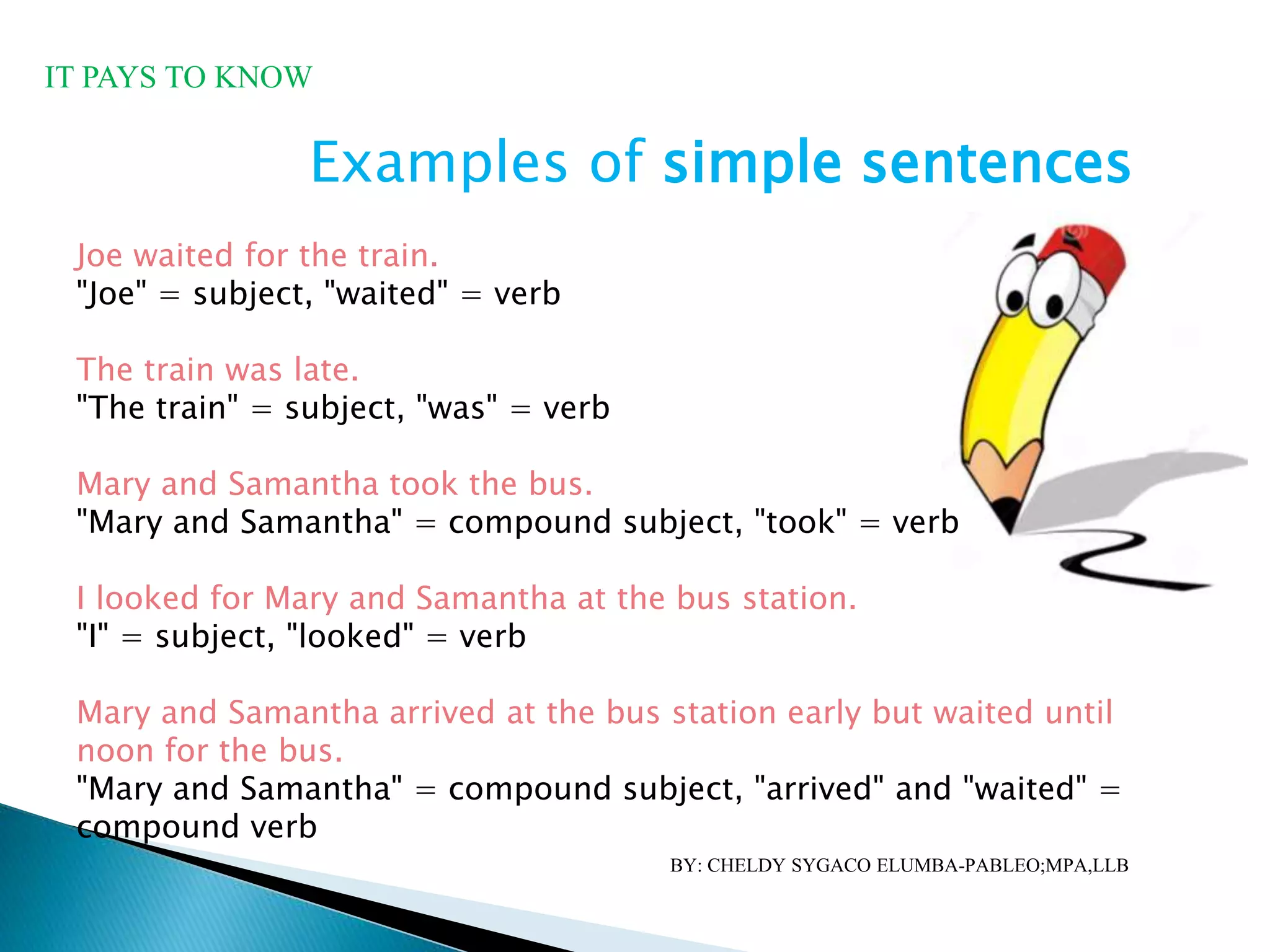 Examples of simple sentences
Joe waited for the train.
"Joe" = subject, "waited" = verb
The train was late.
"The train" = subject, "was" = verb
Mary and Samantha took the bus.
"Mary and Samantha" = compound subject, "took" = verb
I looked for Mary and Samantha at the bus station.
"I" = subject, "looked" = verb
Mary and Samantha arrived at the bus station early but waited until
noon for the bus.
"Mary and Samantha" = compound subject, "arrived" and "waited" =
compound verb
IT PAYS TO KNOW
BY: CHELDY SYGACO ELUMBA-PABLEO;MPA,LLB
 