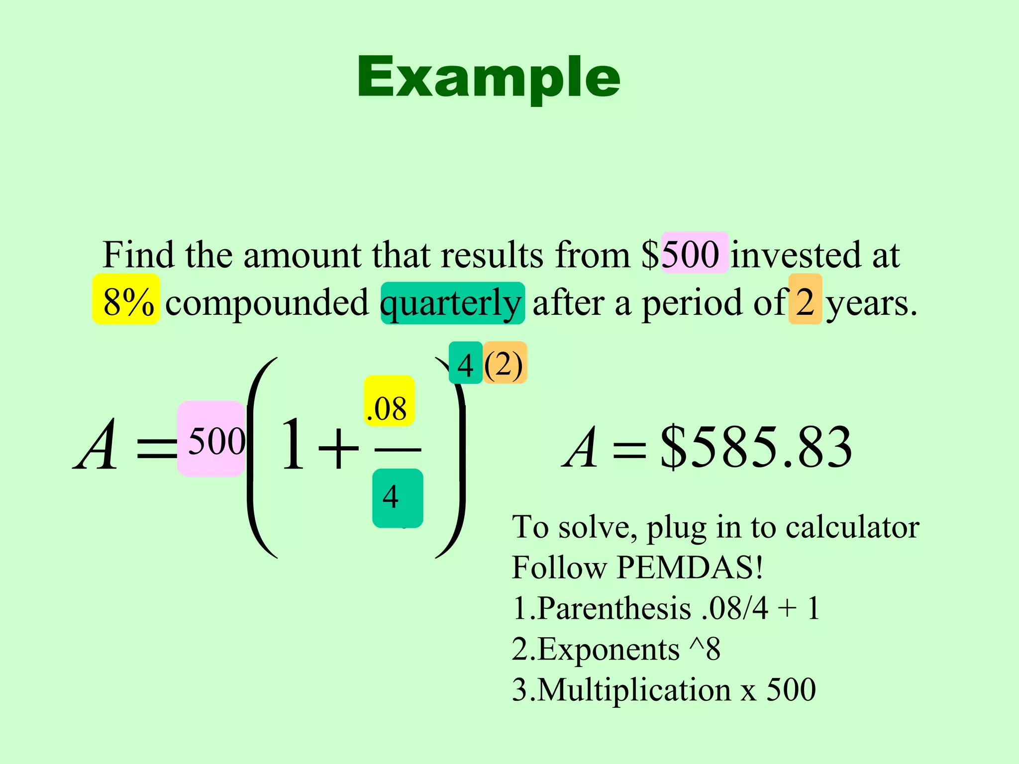 nt
n
r
PA
+= 1500
.08
4
4 (2)
83.585$=A
Find the amount that results from $500 invested at
8% compounded quarterly after a period of 2 years.
Example
To solve, plug in to calculator
Follow PEMDAS!
1.Parenthesis .08/4 + 1
2.Exponents ^8
3.Multiplication x 500