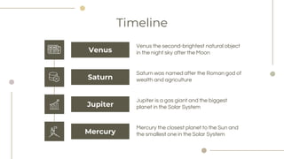 Timeline
Venus
Venus the second-brightest natural object
in the night sky after the Moon
Saturn
Saturn was named after the Roman god of
wealth and agriculture
Jupiter
Jupiter is a gas giant and the biggest
planet in the Solar System
Mercury
Mercury the closest planet to the Sun and
the smallest one in the Solar System
 